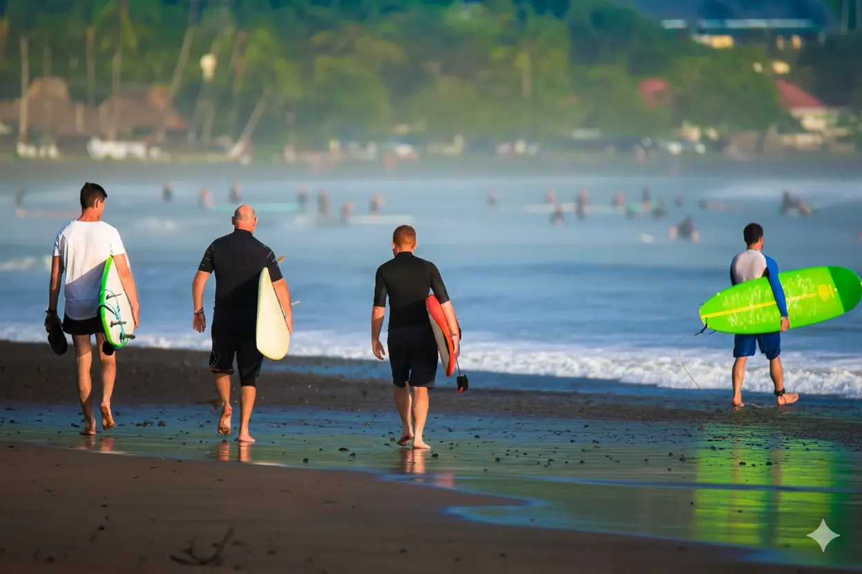 Surfers walking on a tropical beach near Jacó, a popular day trip two hours from the mountain home