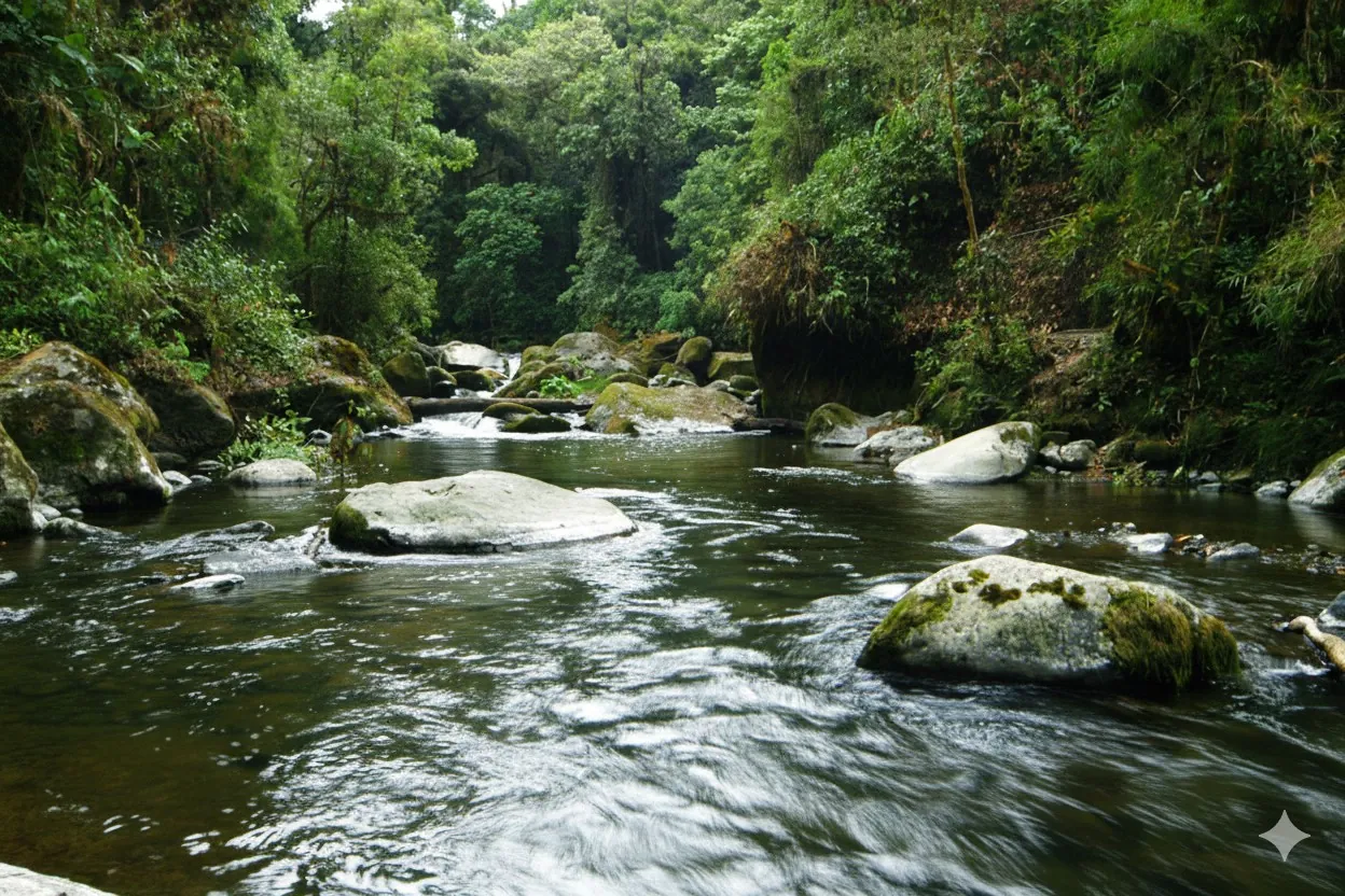 Rainforest river with smooth boulders in Costa Rica